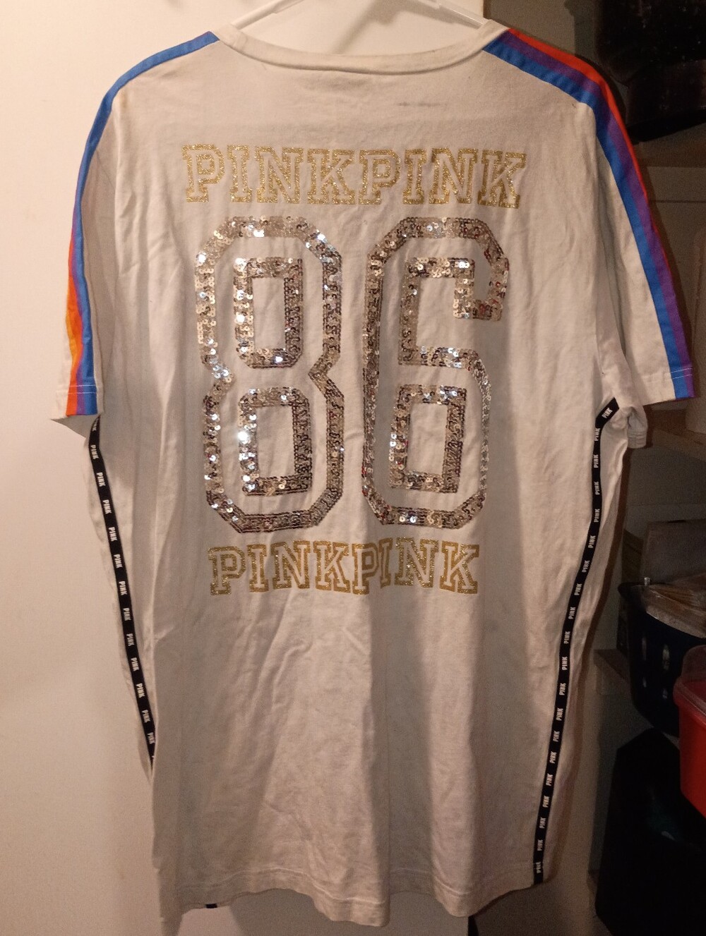 White Rainbow Pink Victoria's Secret Short Sleeve Graphic Jersey Top Shirt